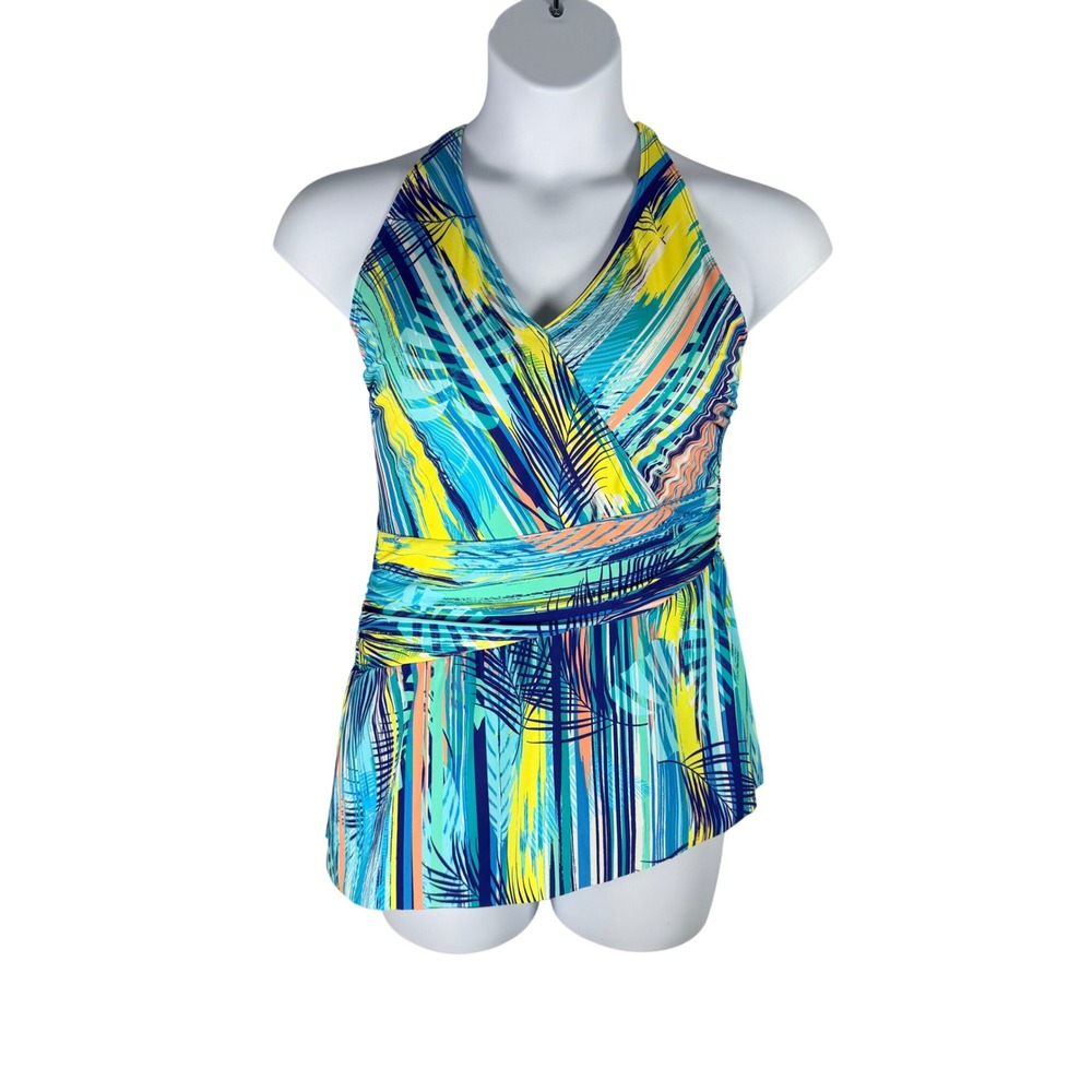 D&Co Beach Womens Blue Yellow Tropical Palm Halter Swimdress One Piece Size 12